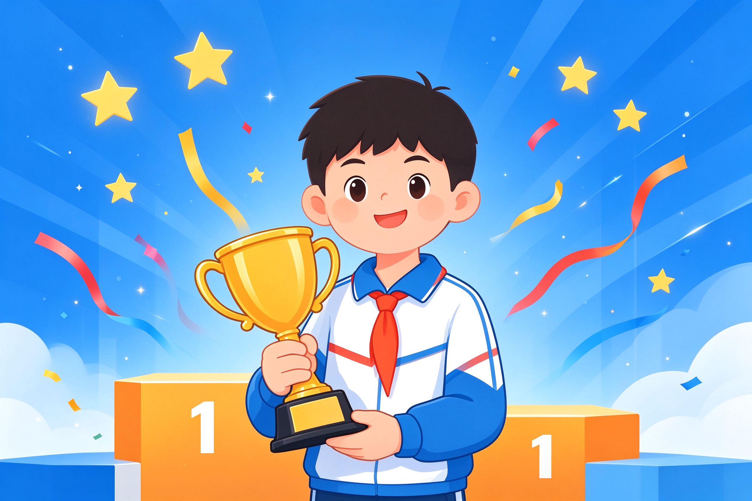 一名小学生站在领奖台上手捧奖杯的插画